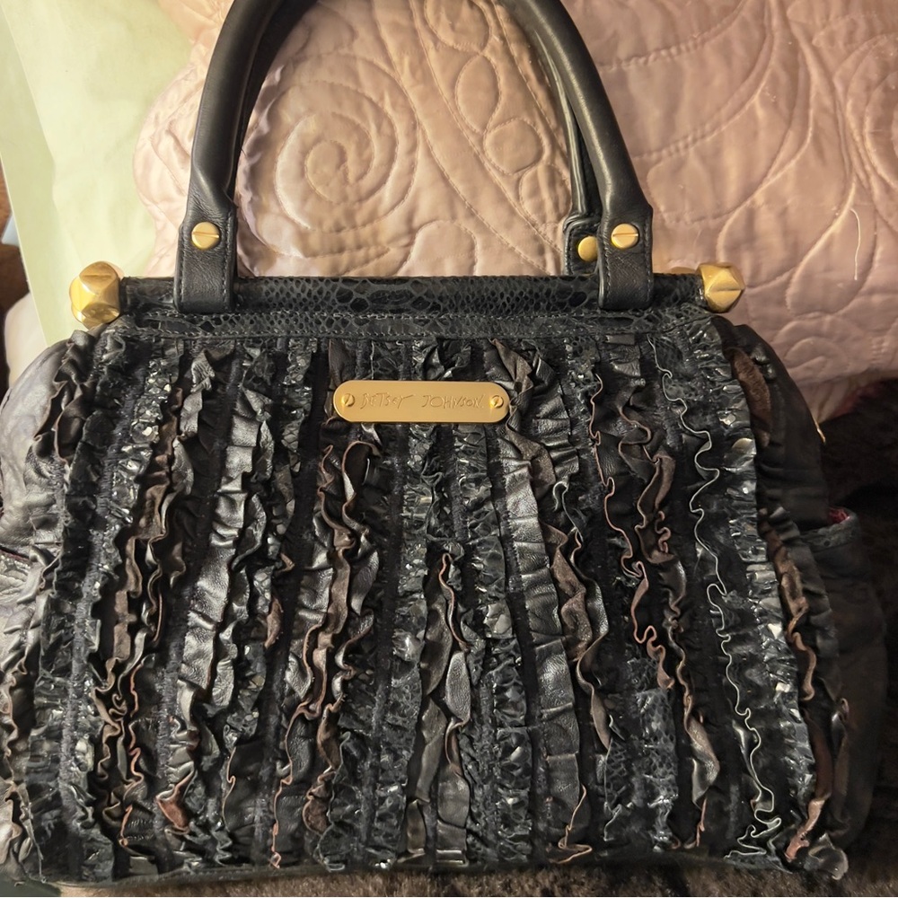 Vintage Betsey Johnson Black Leather Ruffle Zip Y2k Handbag Satchel Shoulder Bag